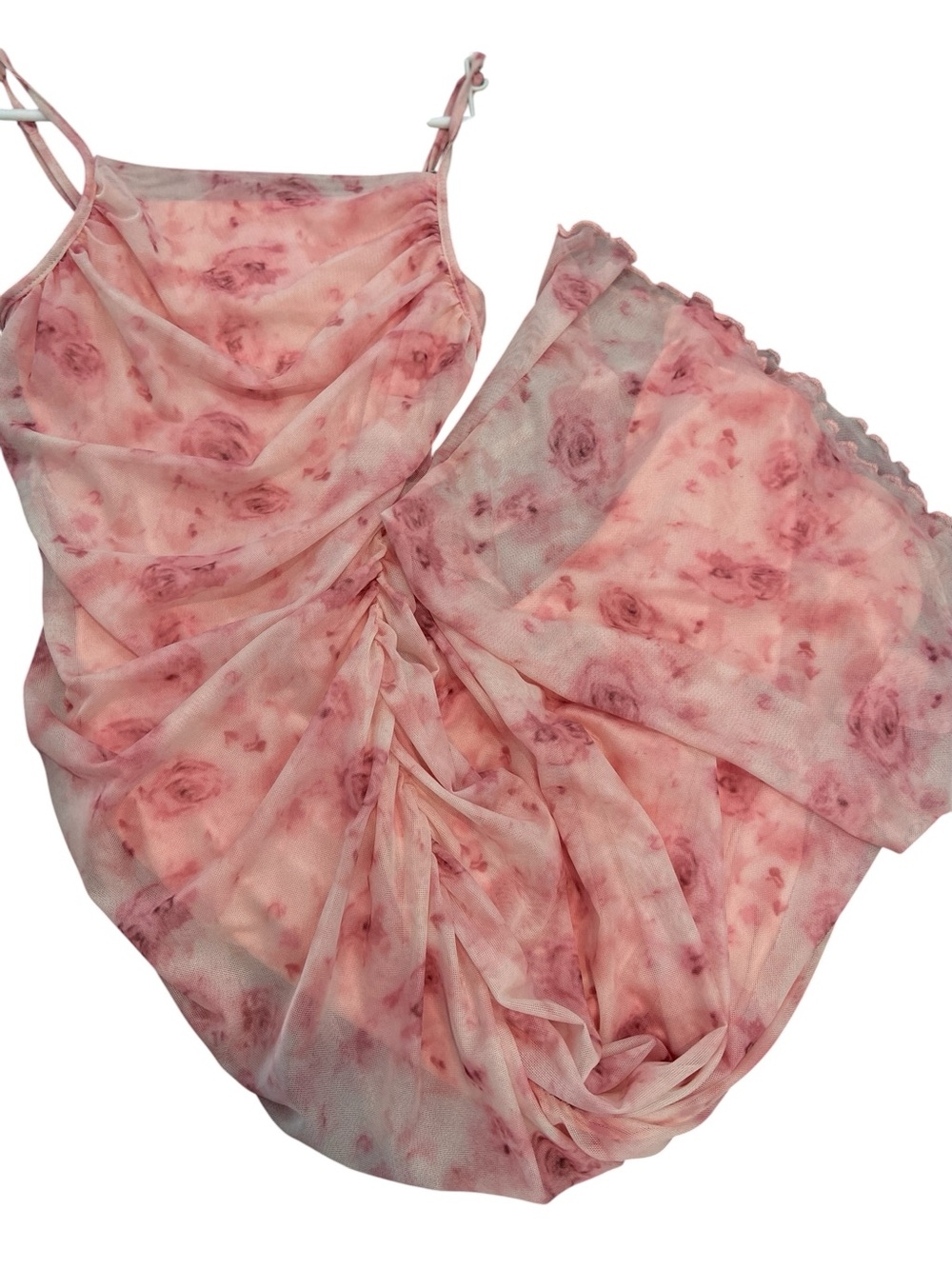 Pink Floral Ruched Mesh Maxi Slip Dress. Lined. NWT